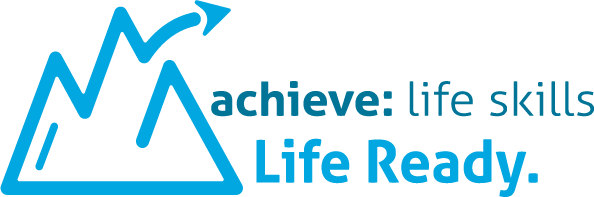 A green banner with blue letters that say " achieve : life reset ".