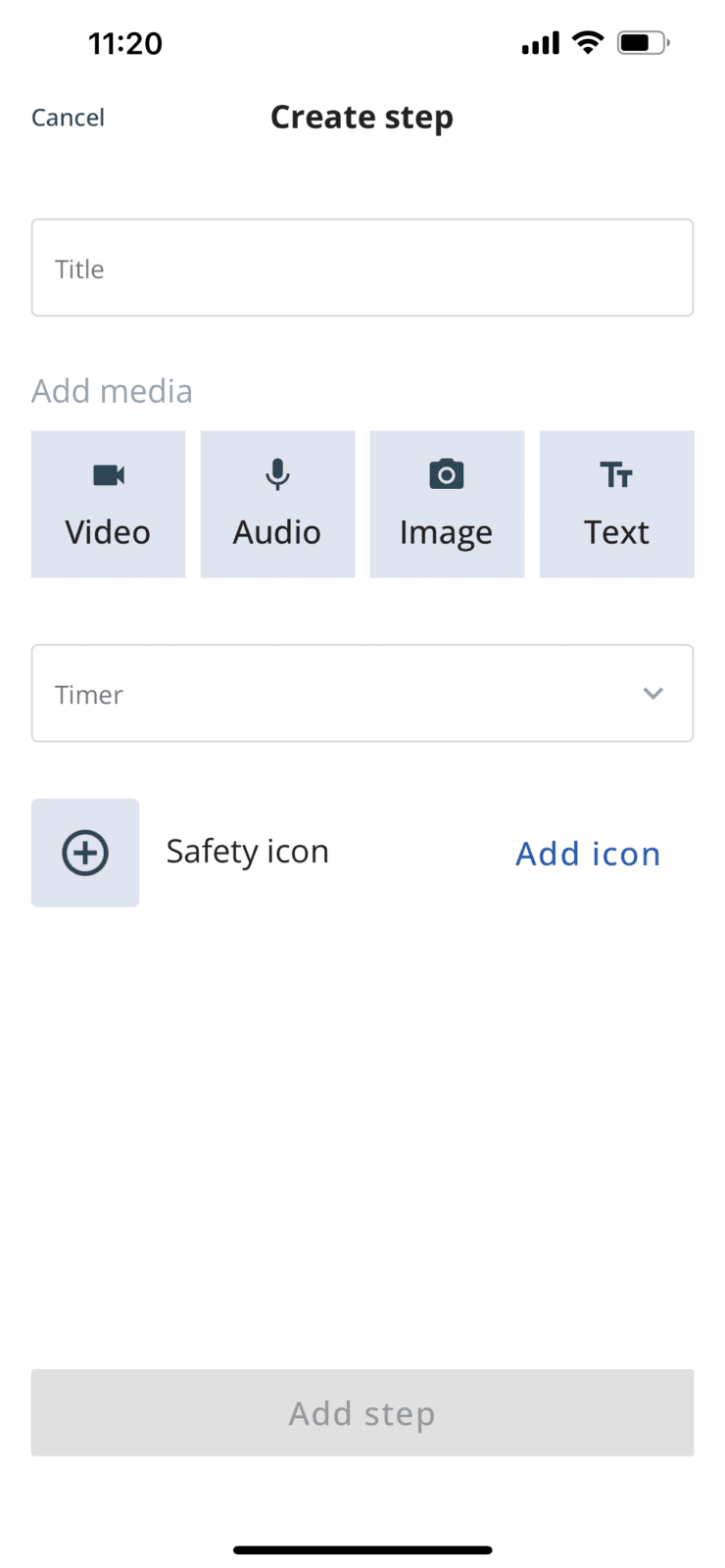 Screenshot of a mobile interface for creating a step in an app, featuring options to add media such as video, audio, image, and text, as well as a timer and safety icon.