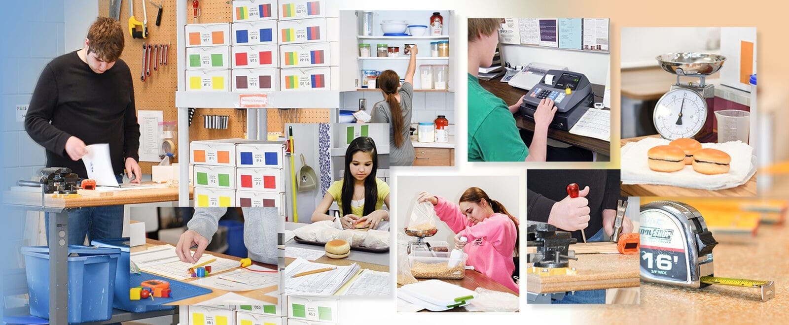 A collage of people working in different areas.