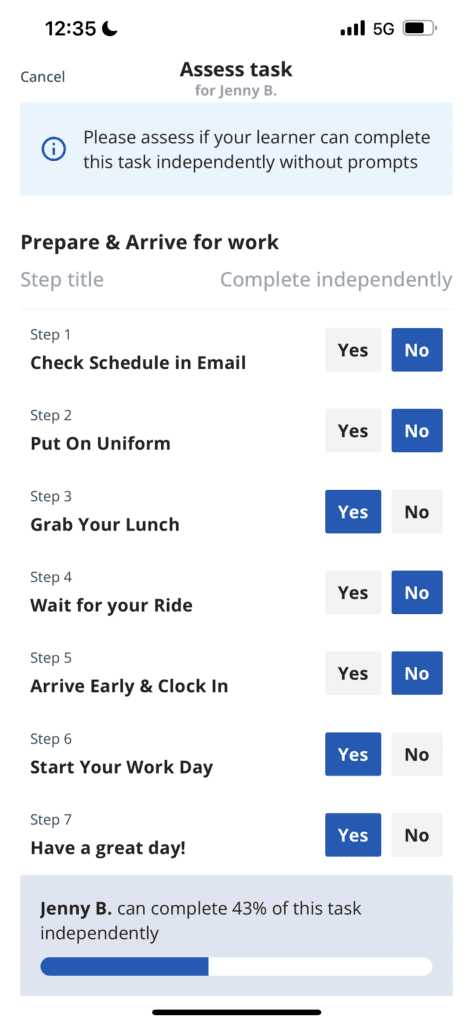 Screenshot of a task assessment app for "jenny b" showing a checklist titled "prepare & arrive for work" with steps to complete, each marked with 'yes' or 'no' for independence.