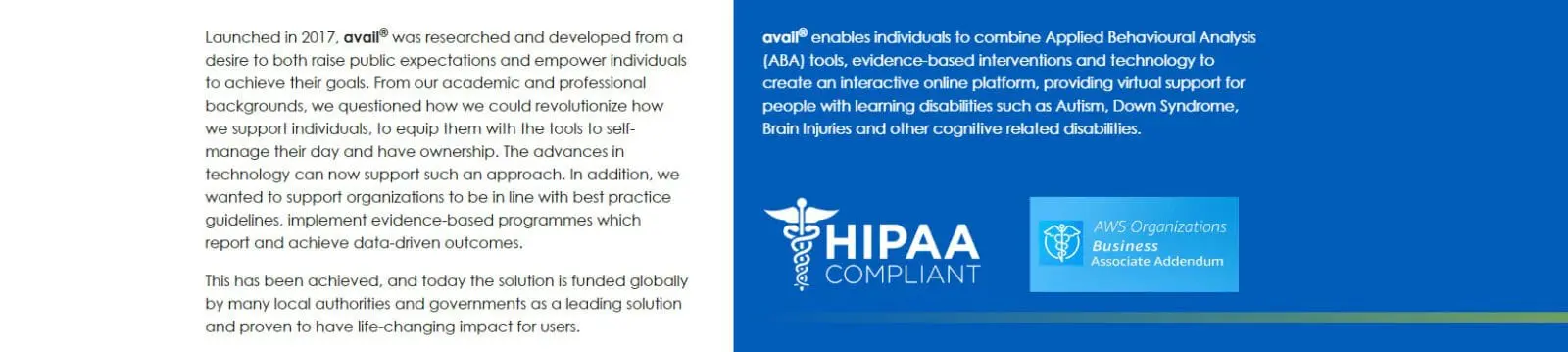 A digital flyer divided into two halves featuring text about behavioral technology and hipaa compliance, with blue and white design elements.