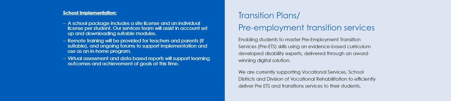 Webpage screenshot displaying two sections titled "school implementation" and "transition plans" with bullet points outlining educational services and strategies.