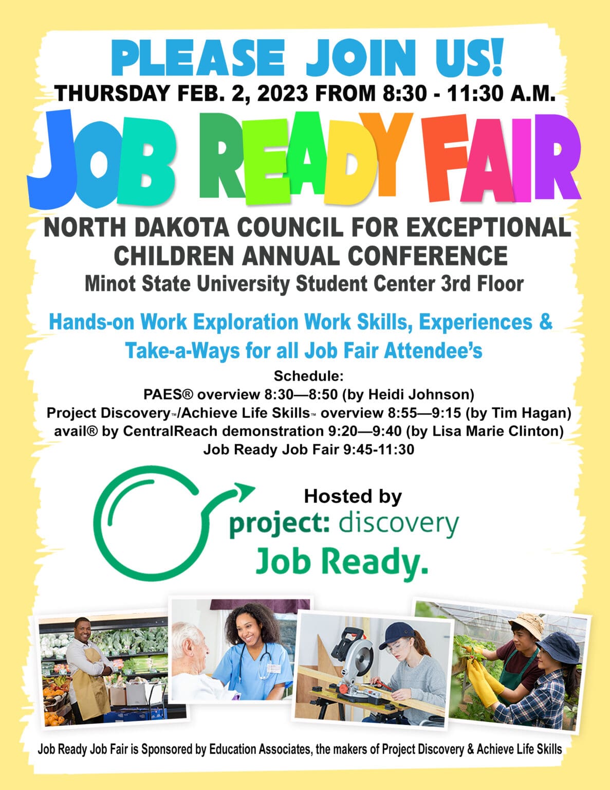 Flyer for a "job ready fair" on february 2, 2023, hosted by project: discovery student center, promoting hands-on workshops to develop professional skills, featuring diverse images of people working.