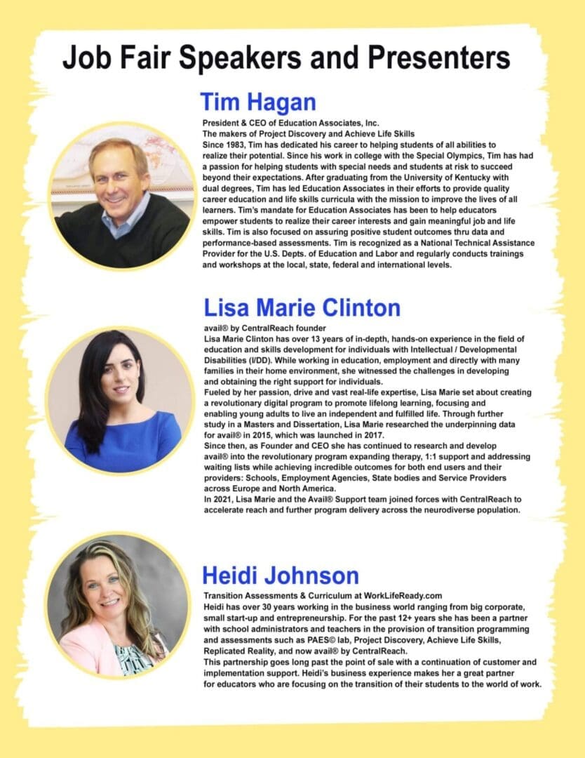 Flyer highlighting three speakers at a job fair event, featuring their photos and professional biographies with a yellow and blue background.