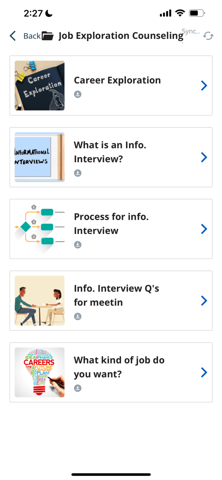 Screenshot of a mobile app's job exploration counseling page with options for career information, interview process, and other job-related queries.