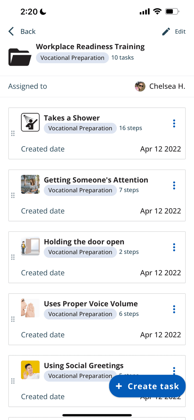 Screenshot of a mobile app displaying a list of tasks under "workplace readiness training", including "takes a shower", "getting someone's attention", and others.