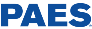 Logo of paes in blue letters on a green background.