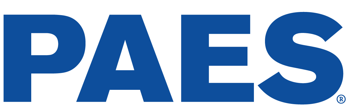 Logo of paes in blue letters on a green background.