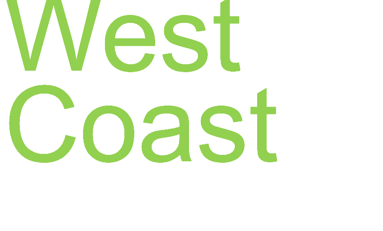 Logo featuring "west coast" text with a green silhouette of california, oregon, washington, and hawaii, and the states' names listed below.